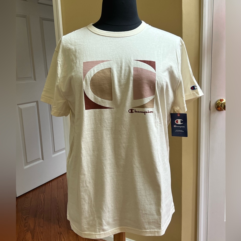CHAMPION Short-Sleeve Cream Logo Tee, Sz 1X-2X